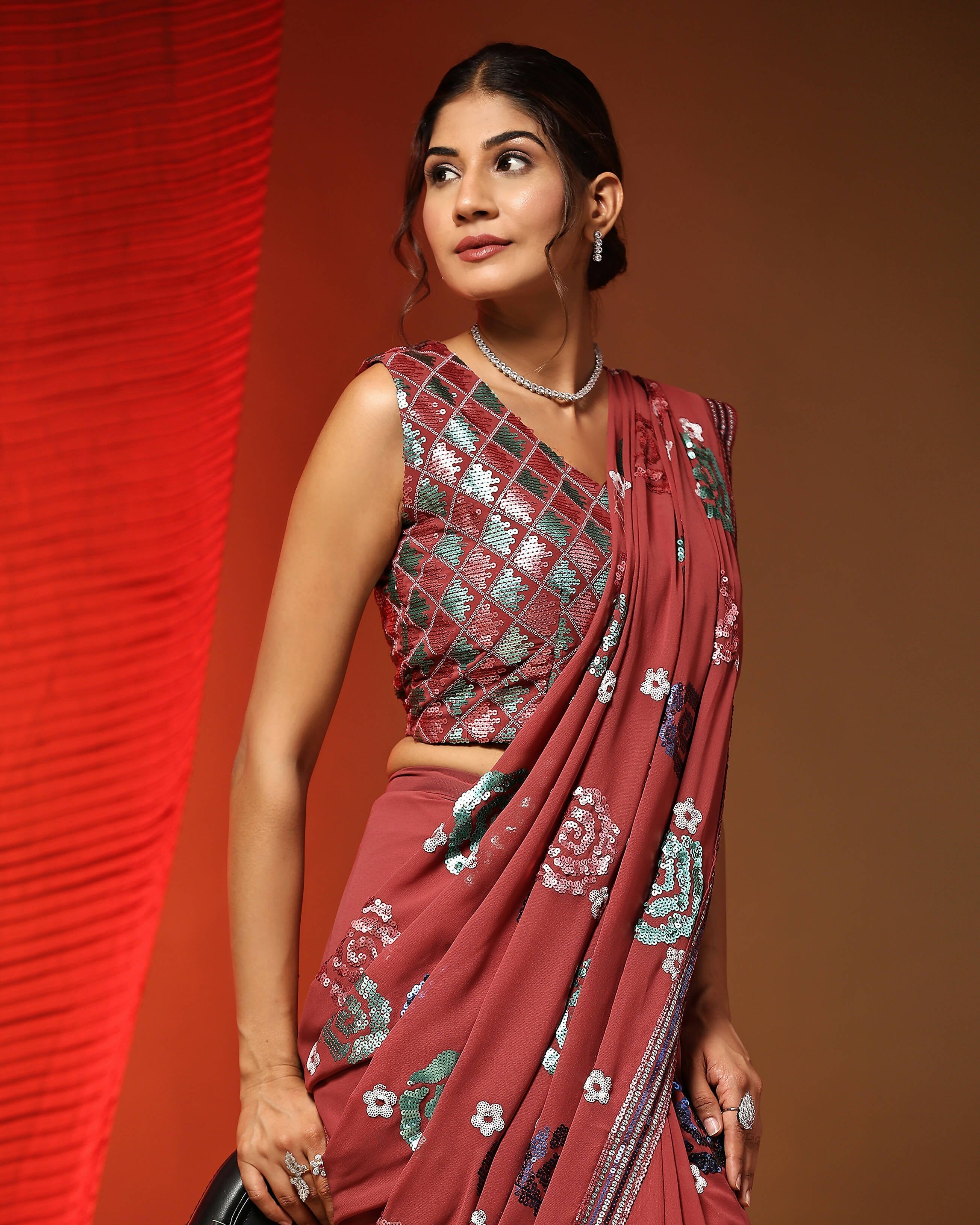 Peach Pure Georgette Sequence work Ready to wear Saree with stitched Blouse - Nirvana