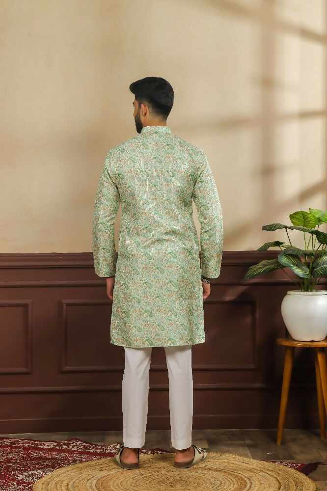 Green Art Silk Digital Printed, Embroidery Work Kurta Set - Mahotsav