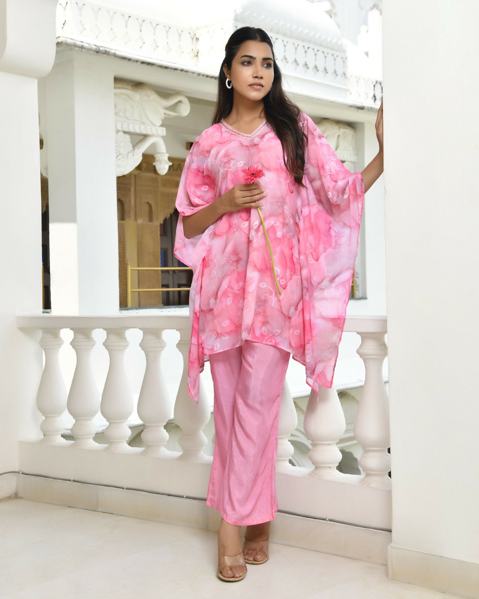 Vaasva Women's Pink Georgette Marble Print Kaftan Pant Set