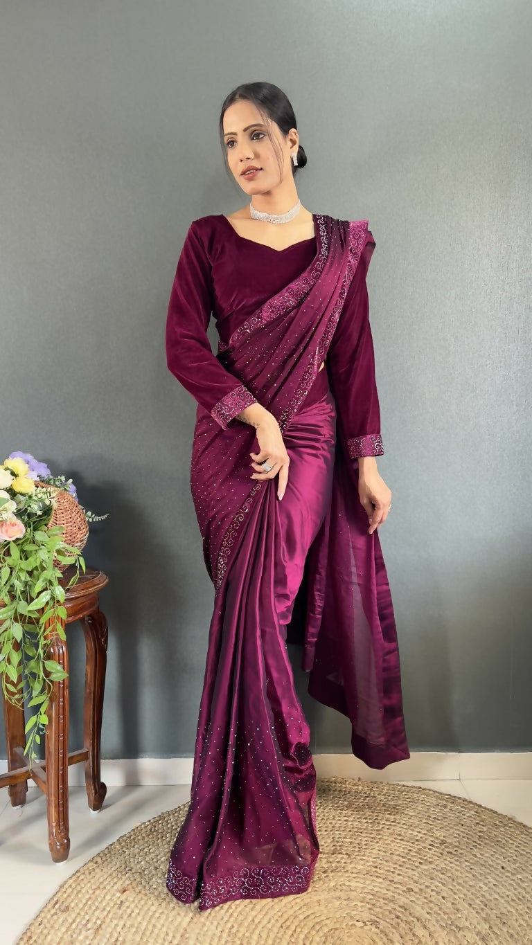 Vastranavya Wine Rangoli Silk Swarovski work Ready to Wear Saree