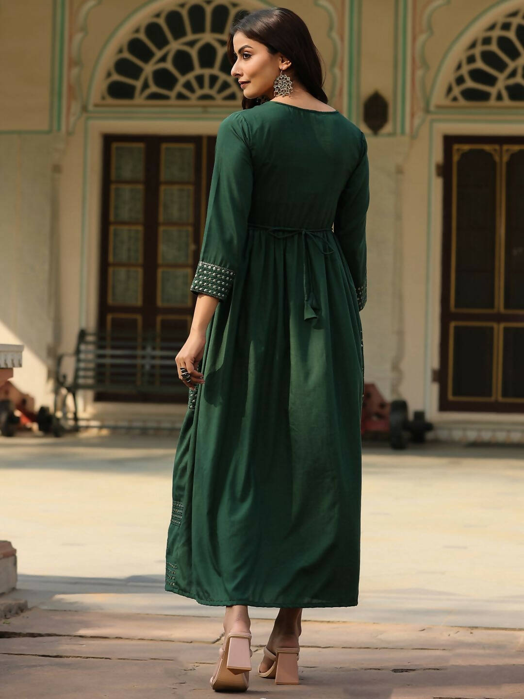 Juniper Women's Green Festive Embroiderd Flared Dress