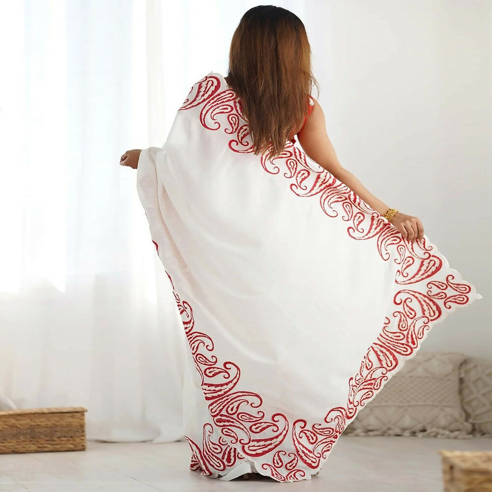 Joban Fashion Silk Blend Off White & Red Saree