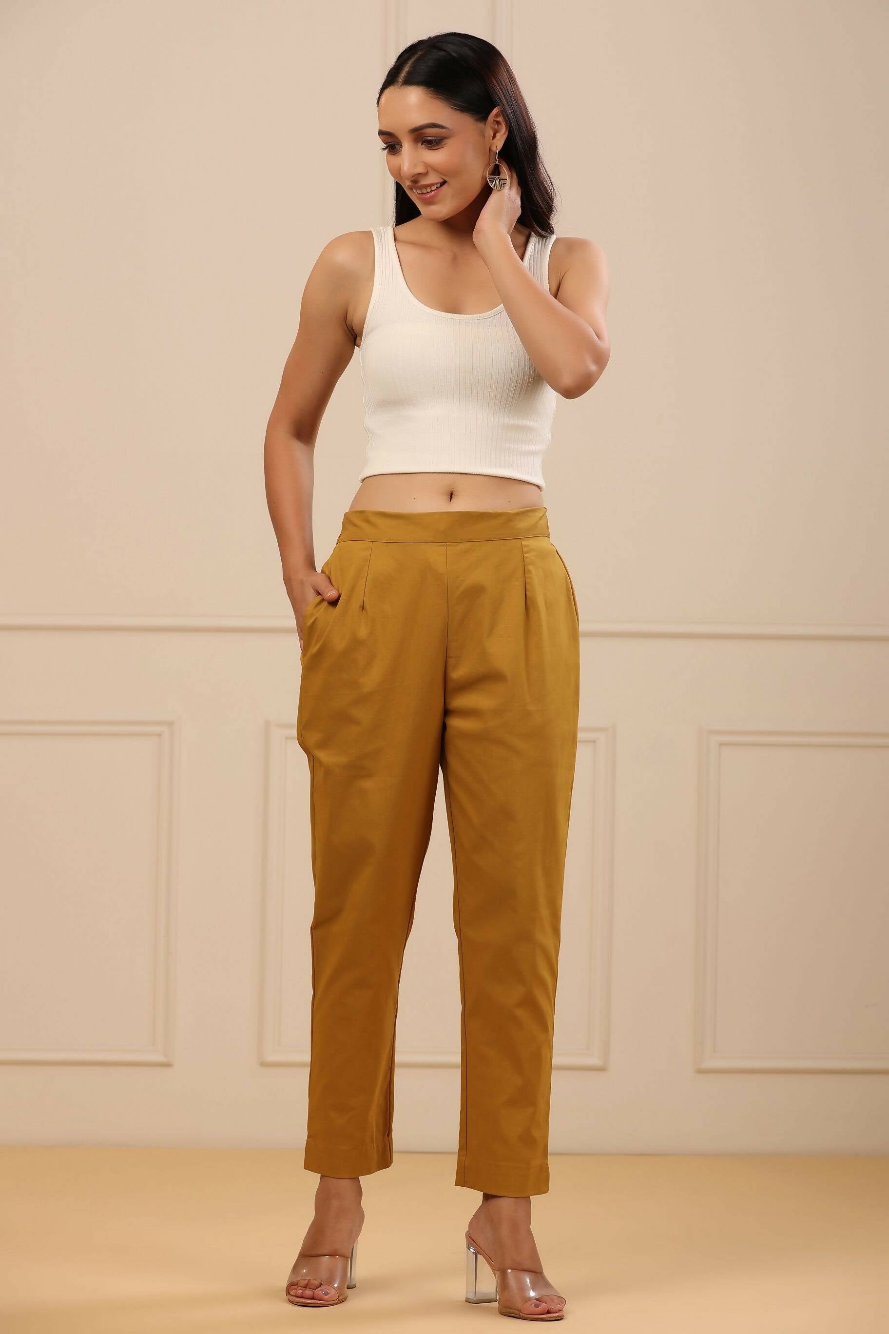 Juniper Women's Mustard Cotton Spendex Solid Straight Pant