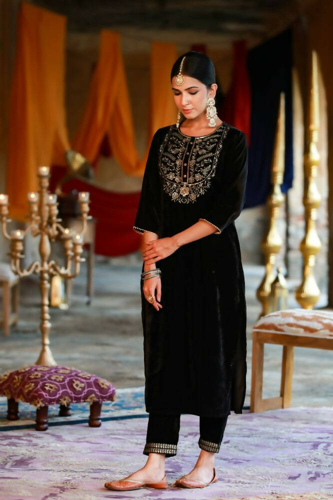 Juniper Women Black Velvet Embroidered Straight Kurta Sets