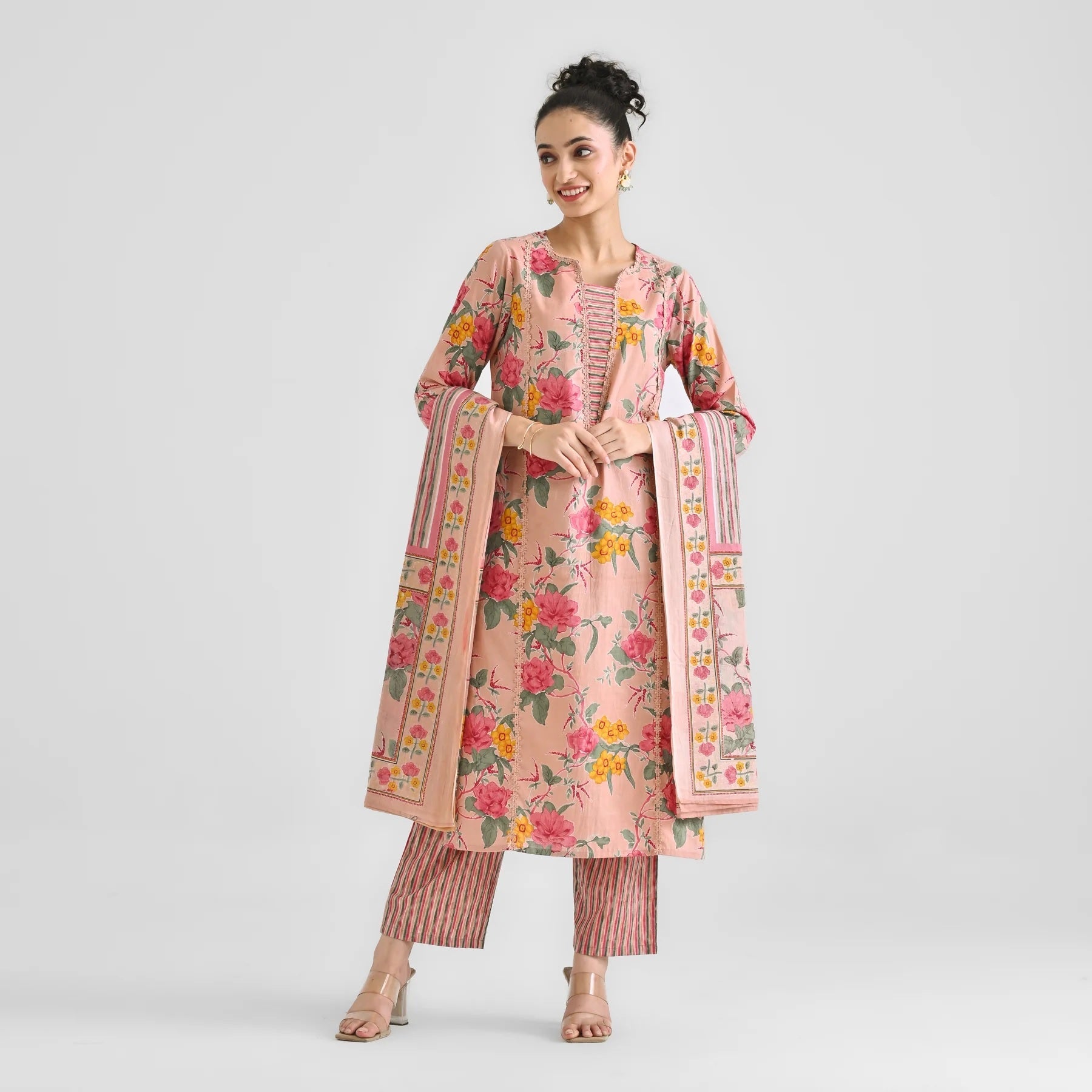 Lorenvalley Peach Cotton Slub Printed with Lace Work Kurta Set