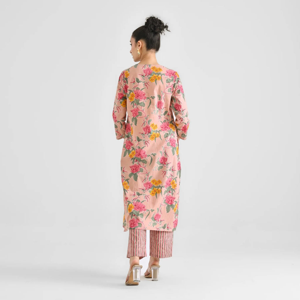 Lorenvalley Peach Cotton Slub Printed with Lace Work Kurta Set