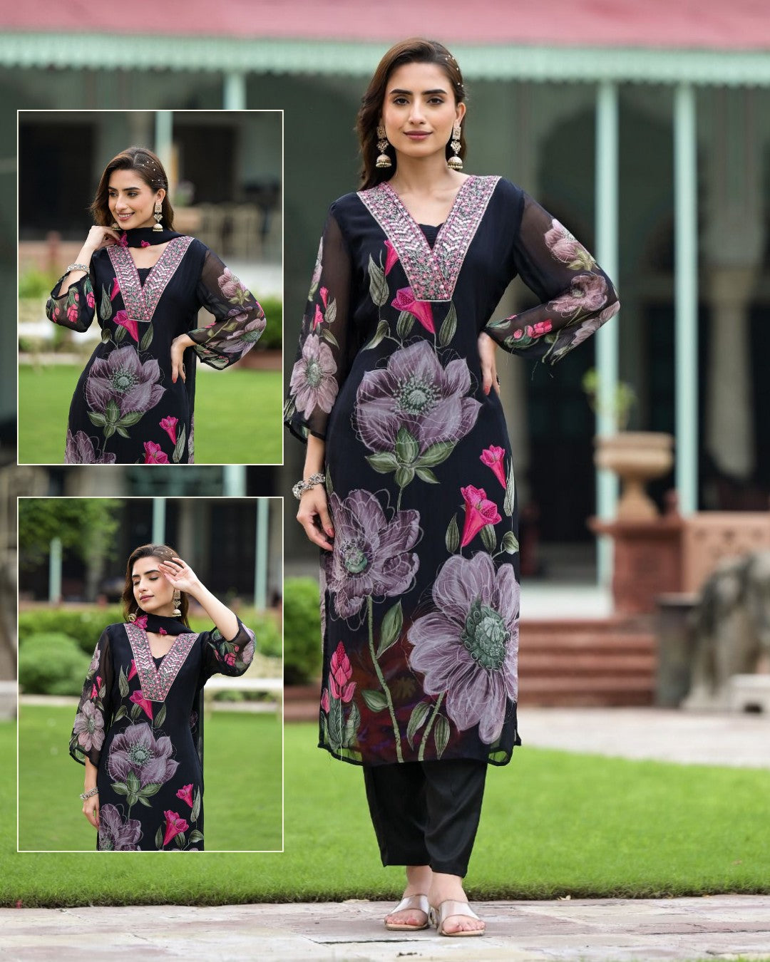 Lorenvalley Black Georgette Printed with Embroidery Work Kurta Set