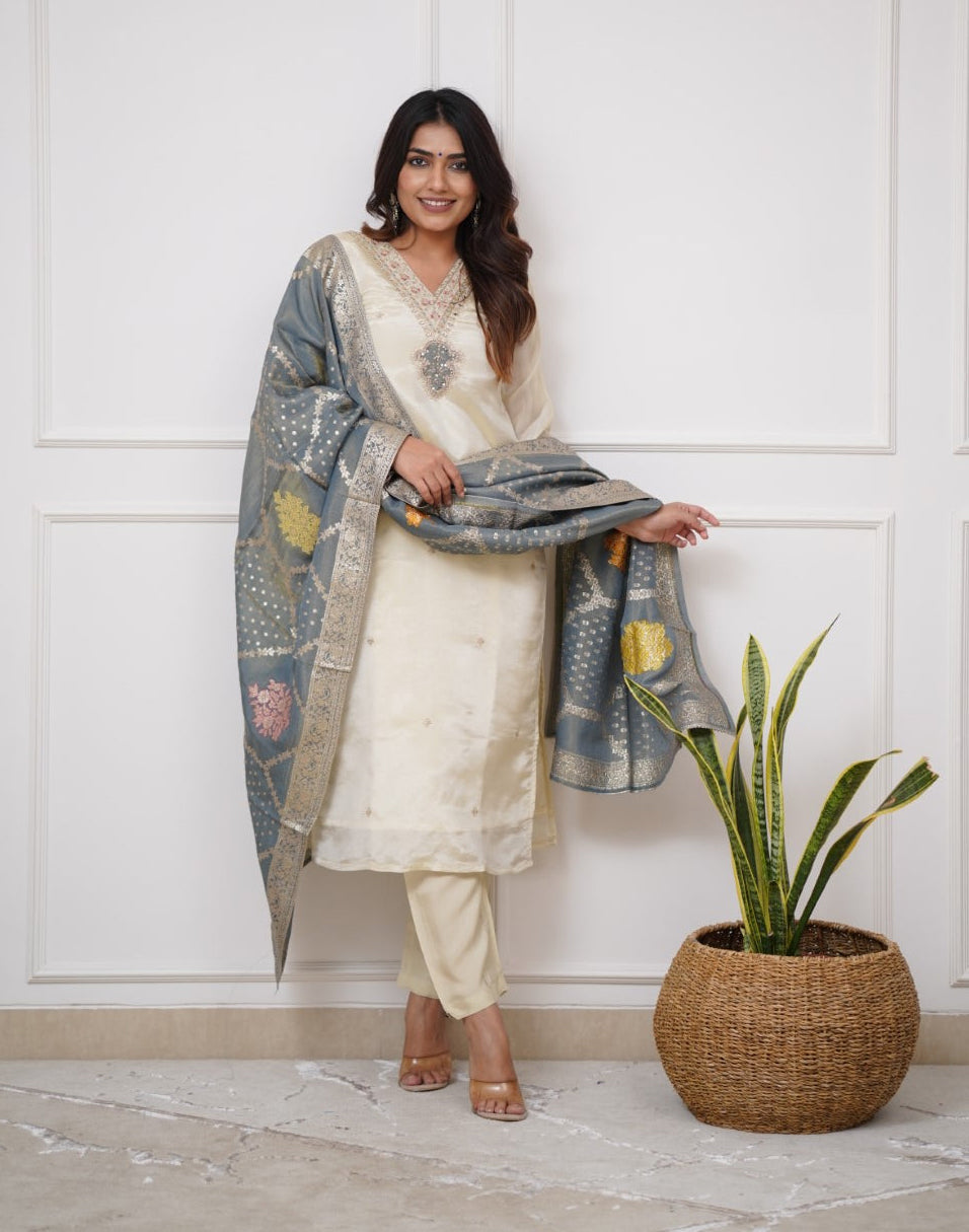 Lorenvalley Offwhite Viscose Chanderi Embroidered Multi Sequence work Kurta Set