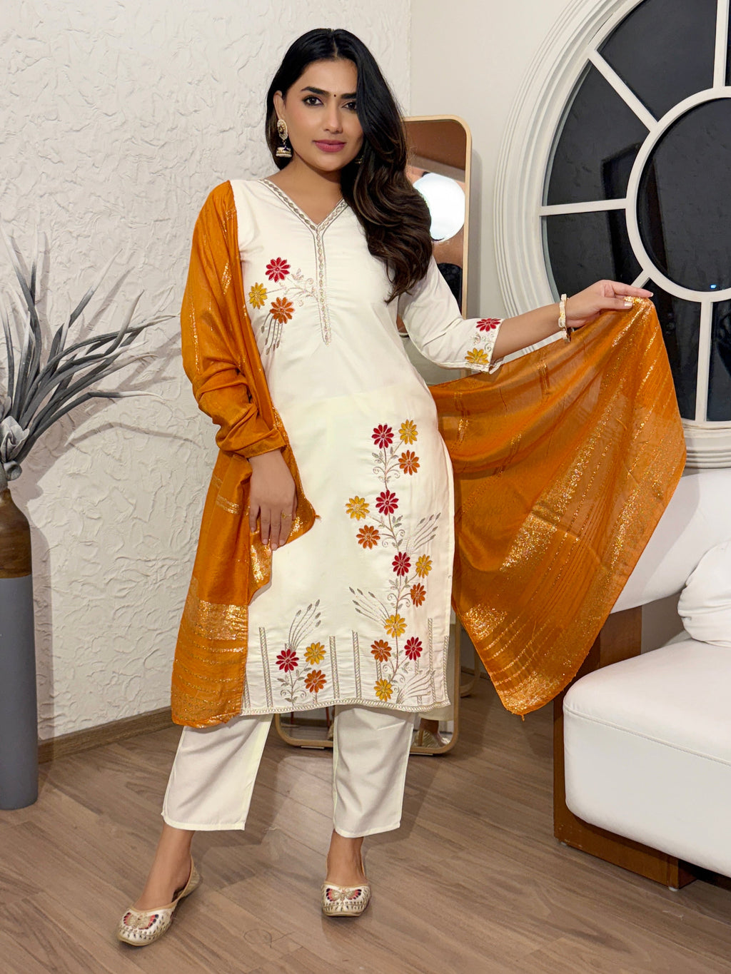 Lorenvalley Cream Cotton Silk Embroidered work Kurta Set