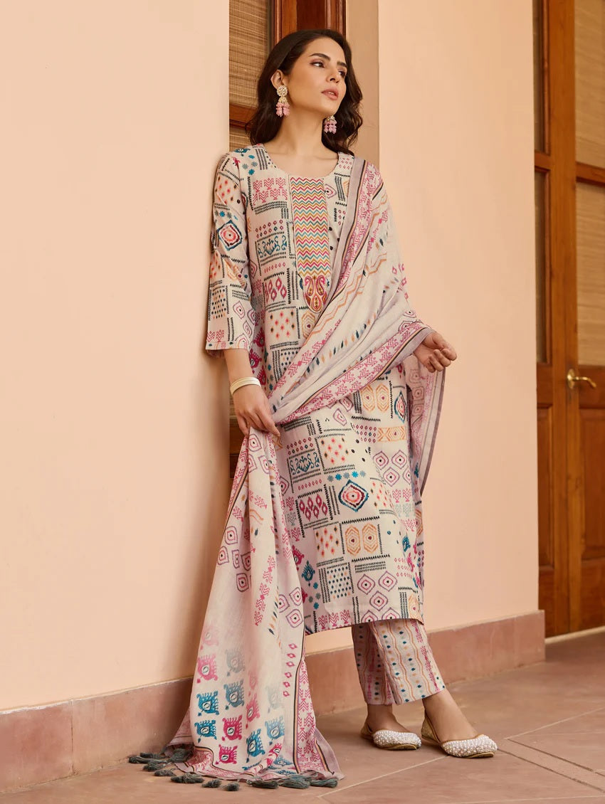Lorenvalley Cream Cotton Blend Printed Kurta Set