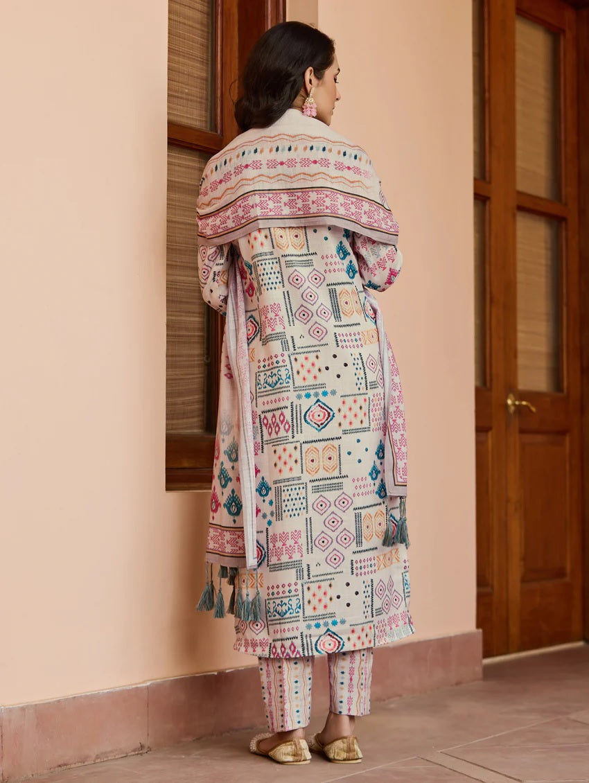 Lorenvalley Cream Cotton Blend Printed Kurta Set