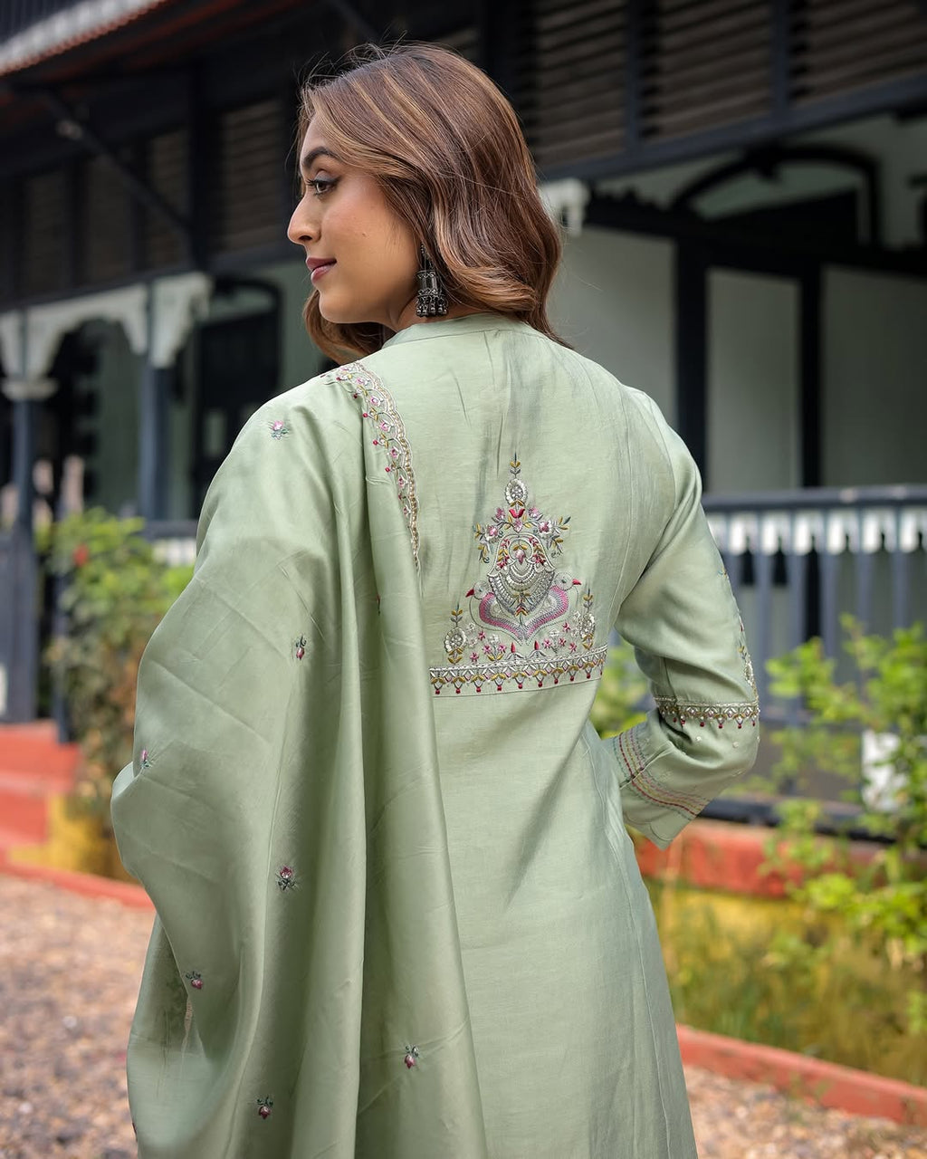 Lorenvalley Seagreen Muslin Silk Embroidered work Kurta Set