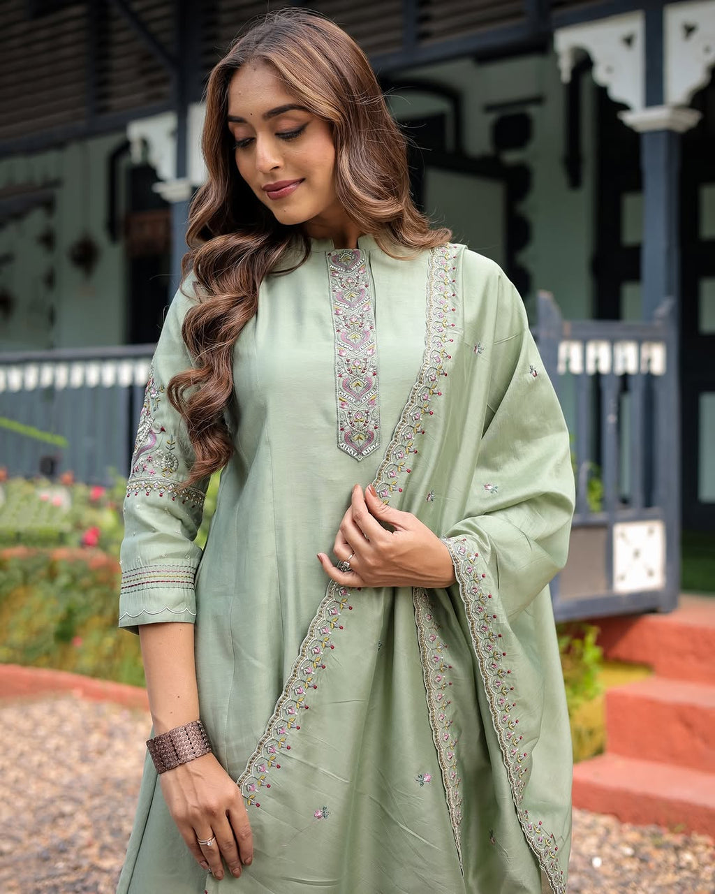 Lorenvalley Seagreen Muslin Silk Embroidered work Kurta Set