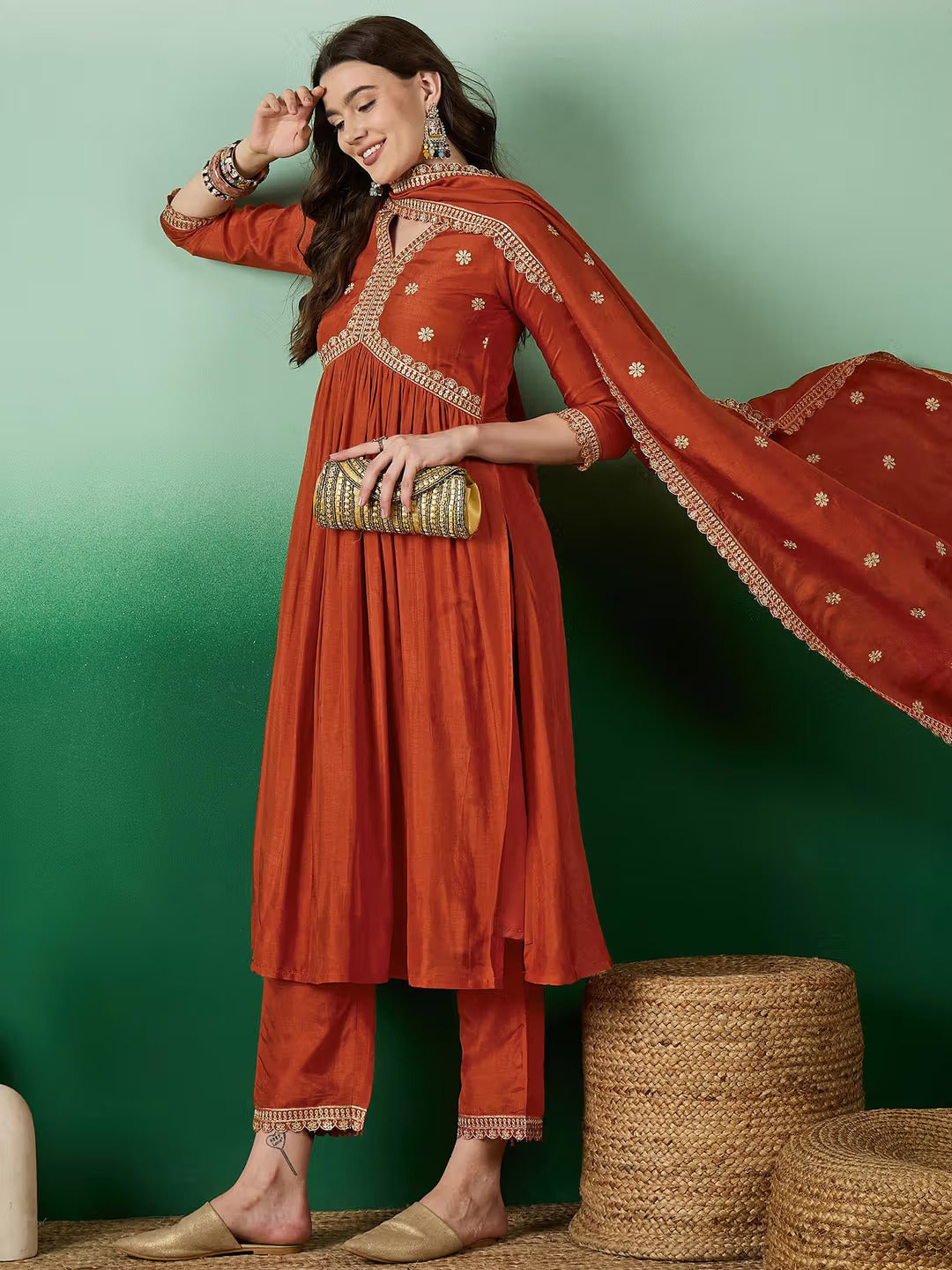 Lorenvalley Rust Muslin Silk Embroidered work Kurta Set