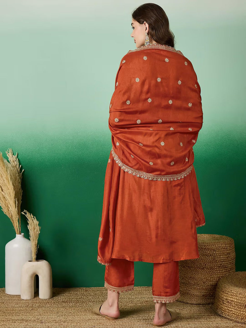 Lorenvalley Rust Muslin Silk Embroidered work Kurta Set