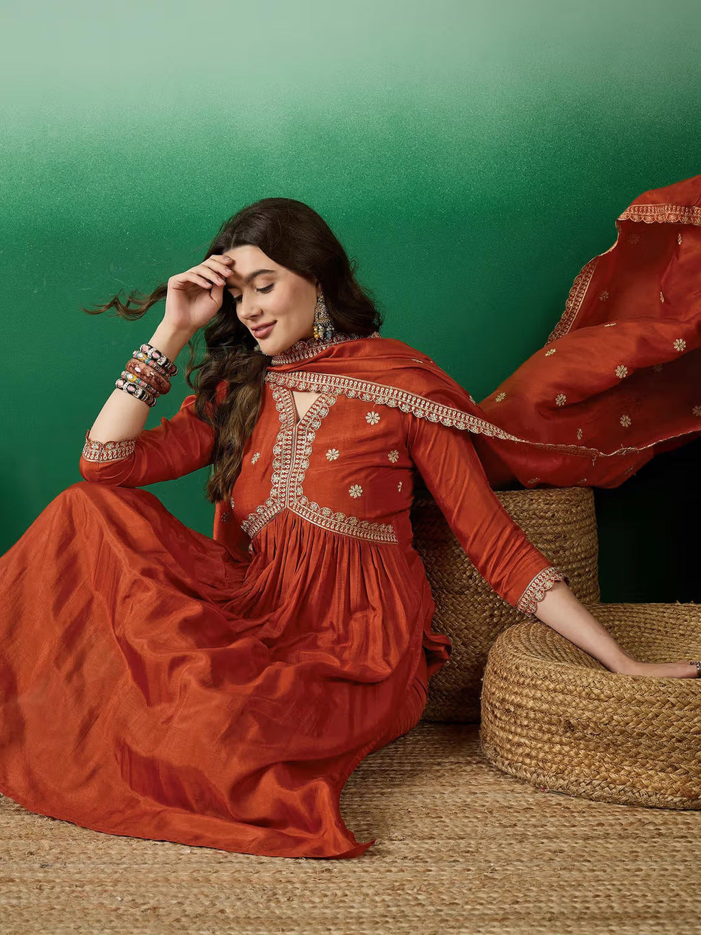 Lorenvalley Rust Muslin Silk Embroidered work Kurta Set