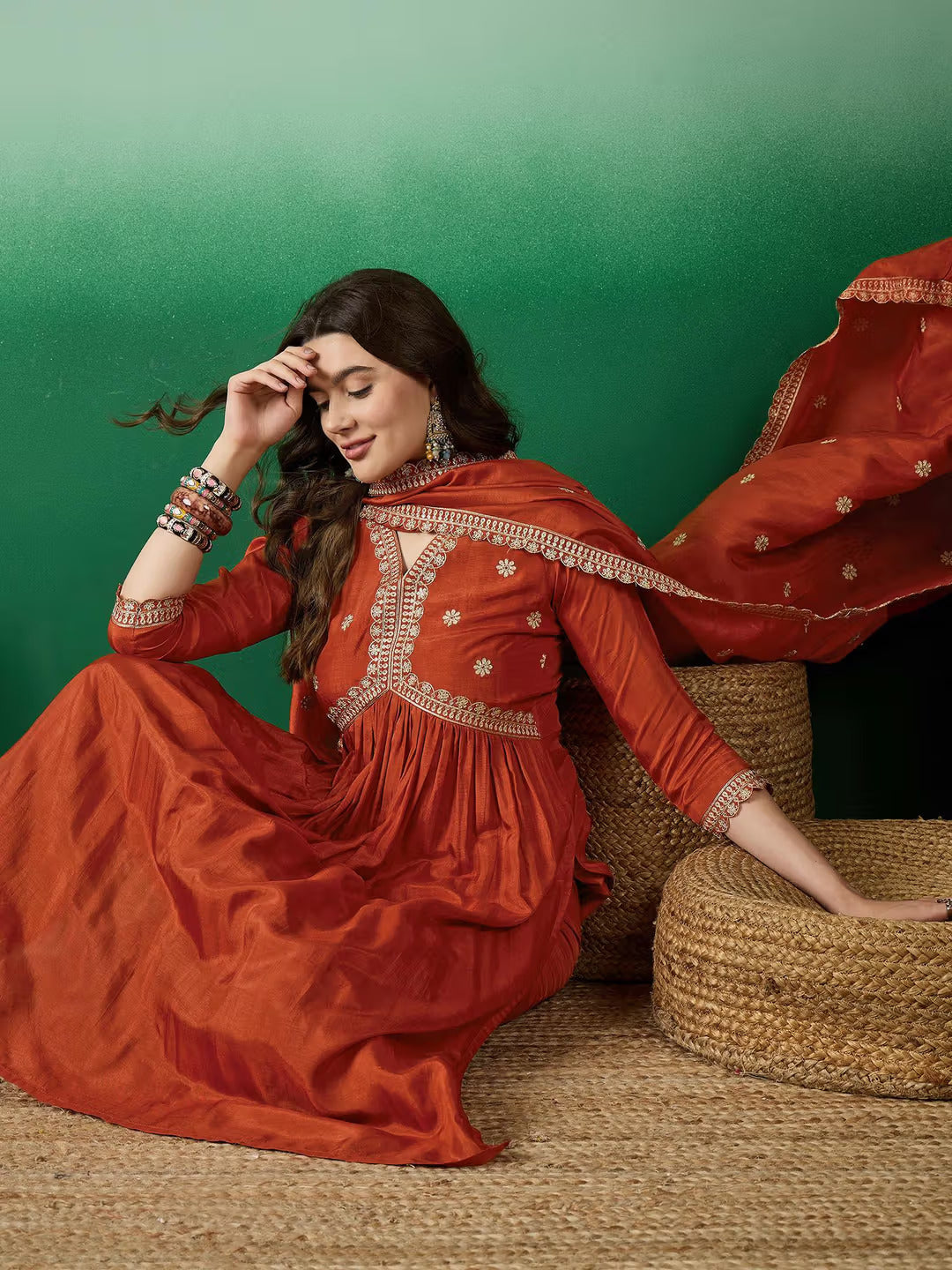 Lorenvalley Rust Muslin Silk Embroidered work Kurta Set