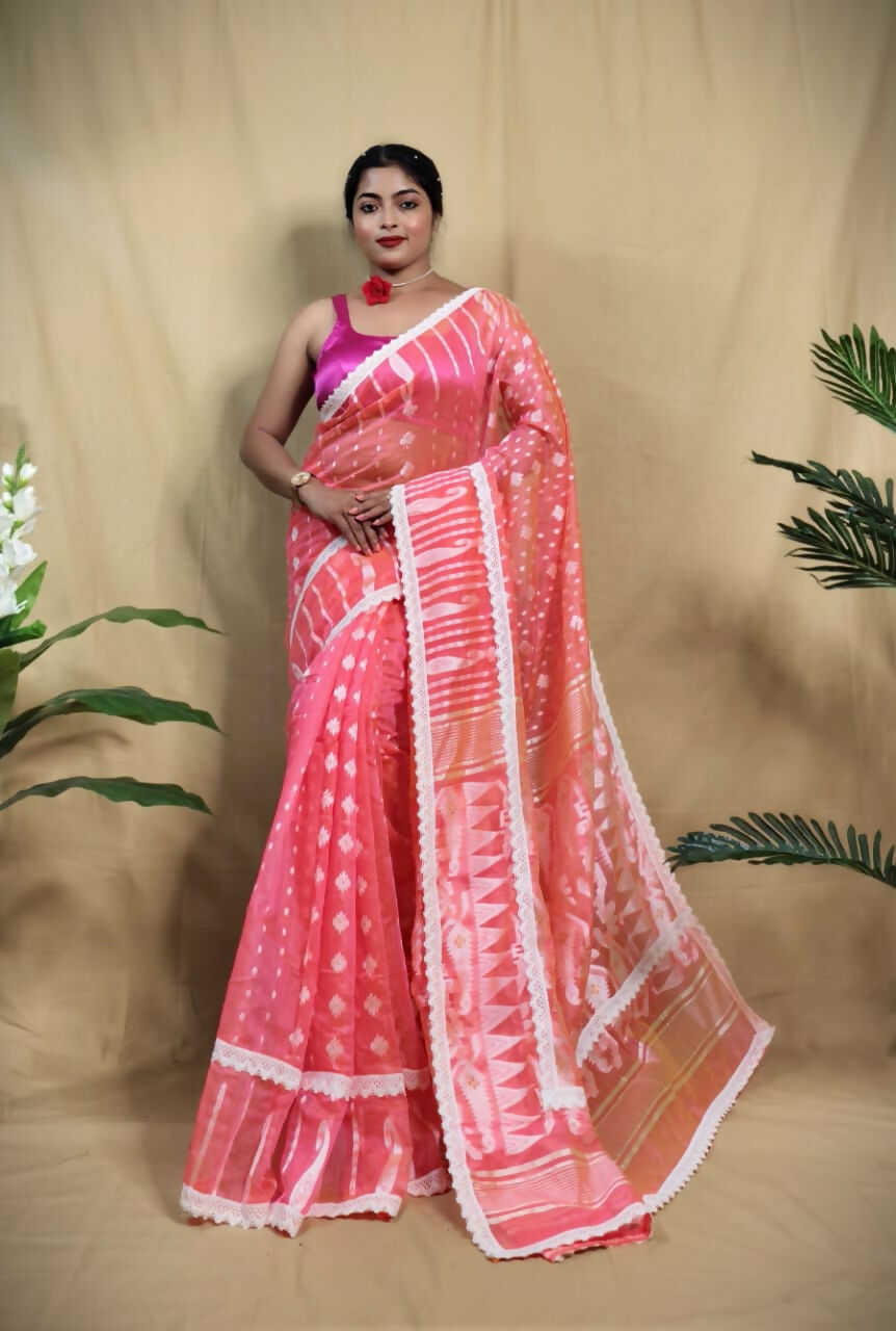 Exclusive Collection Beautiful Peach Jaal Jamdani Saree