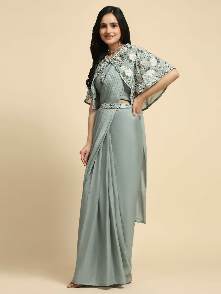Sea Green Chiffon Solid Ready to wear Saree with stitched Blouse - Aayan