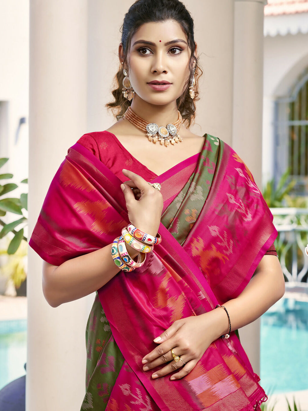 Shree Shyam Fashion Pochampalli Silk Olive Green Saree