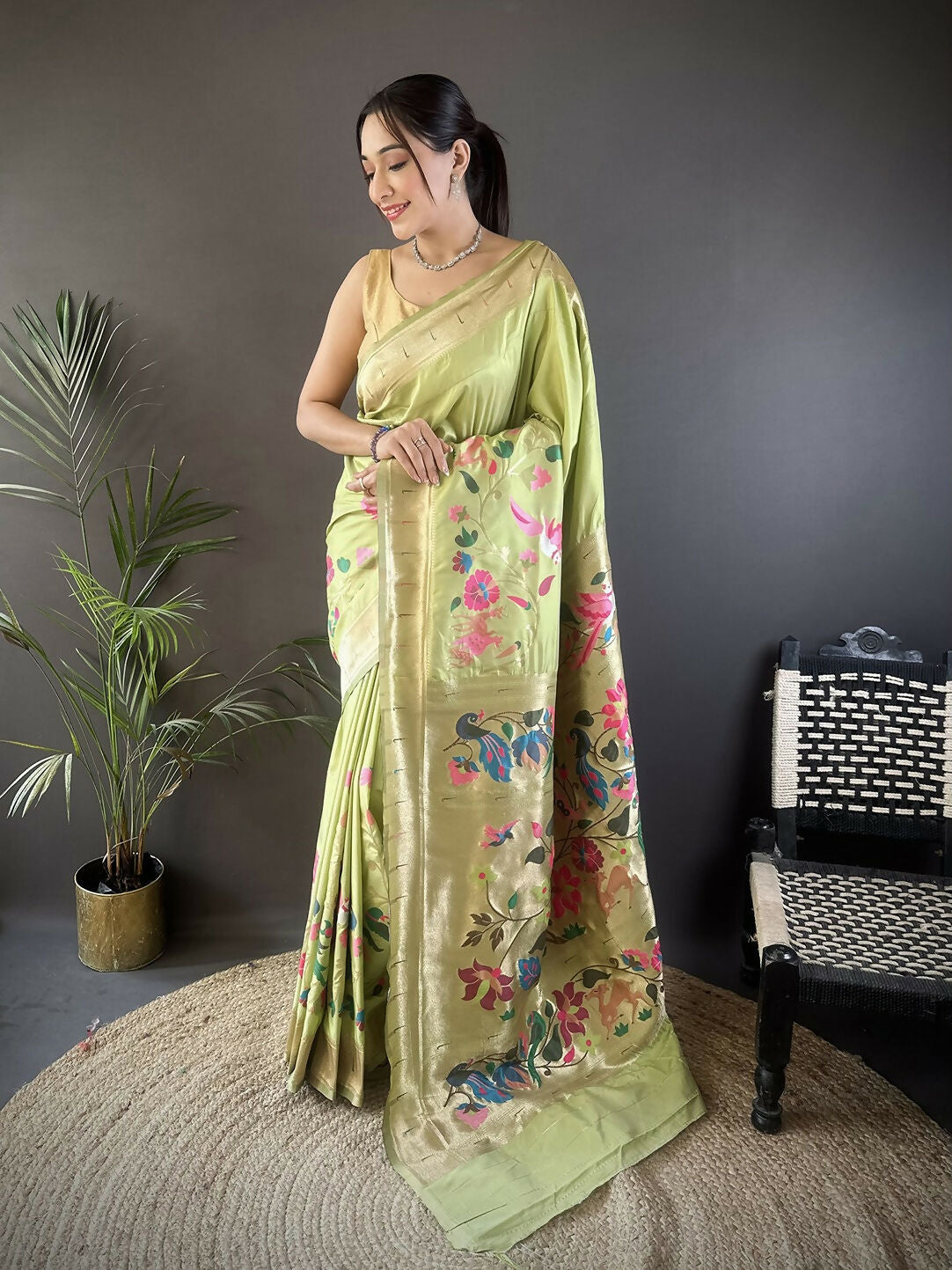 Joban Fashion Pista Green Floral Paithani Sarees