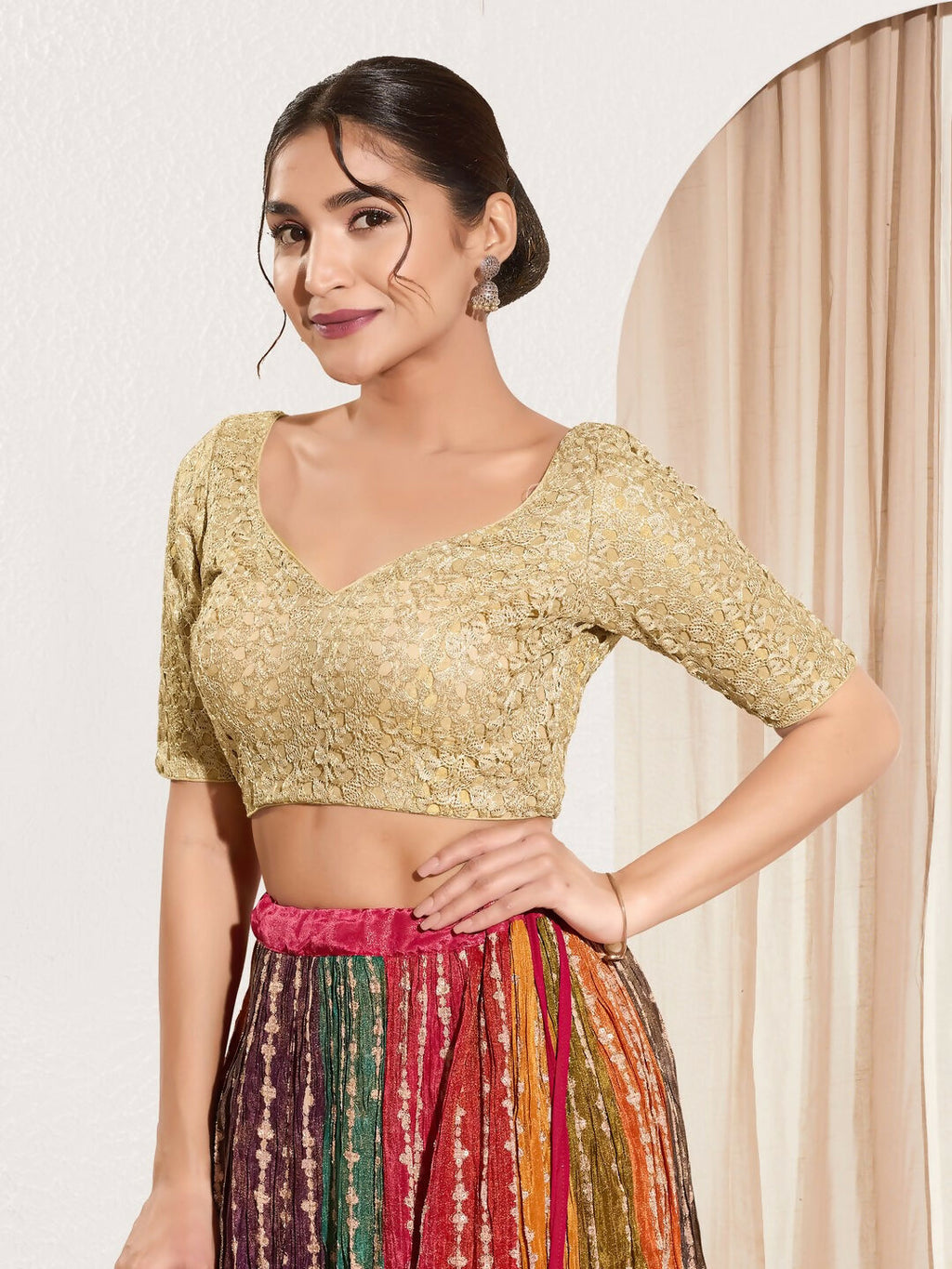 Joban Fashion Gold Crochet Padded Blouse With Sweetheart Neck Elbow Sleeves