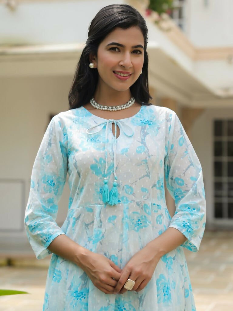 Aramya Flared Textured Cotton Floral Print Women's Kurta Set - White