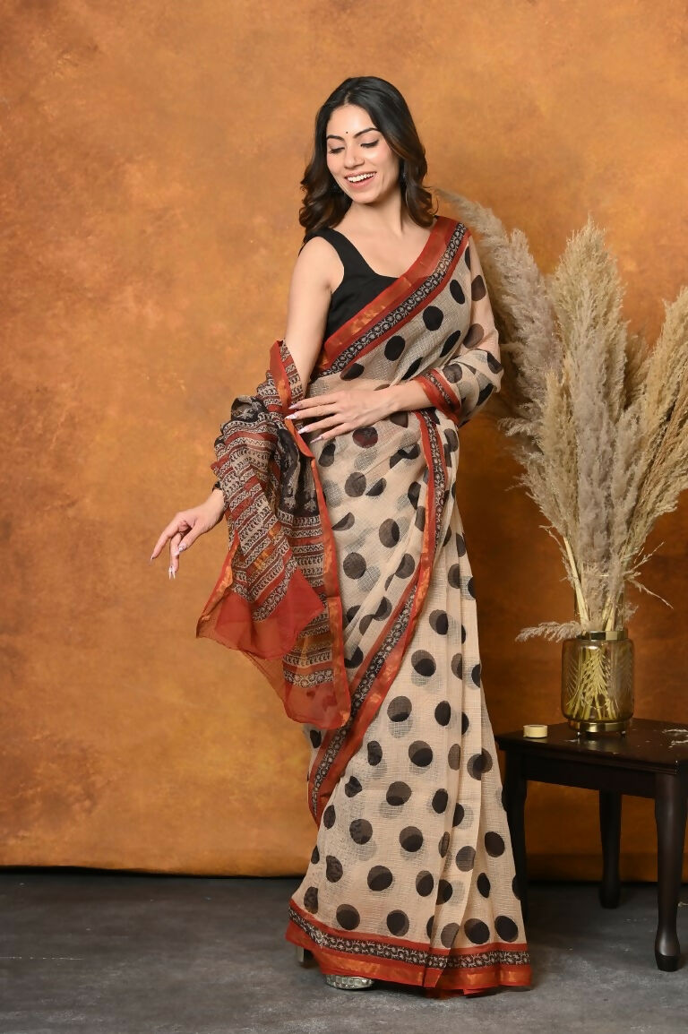 Very Much Indian Handblock Printed Cotton Saree With Natural Dyes - White