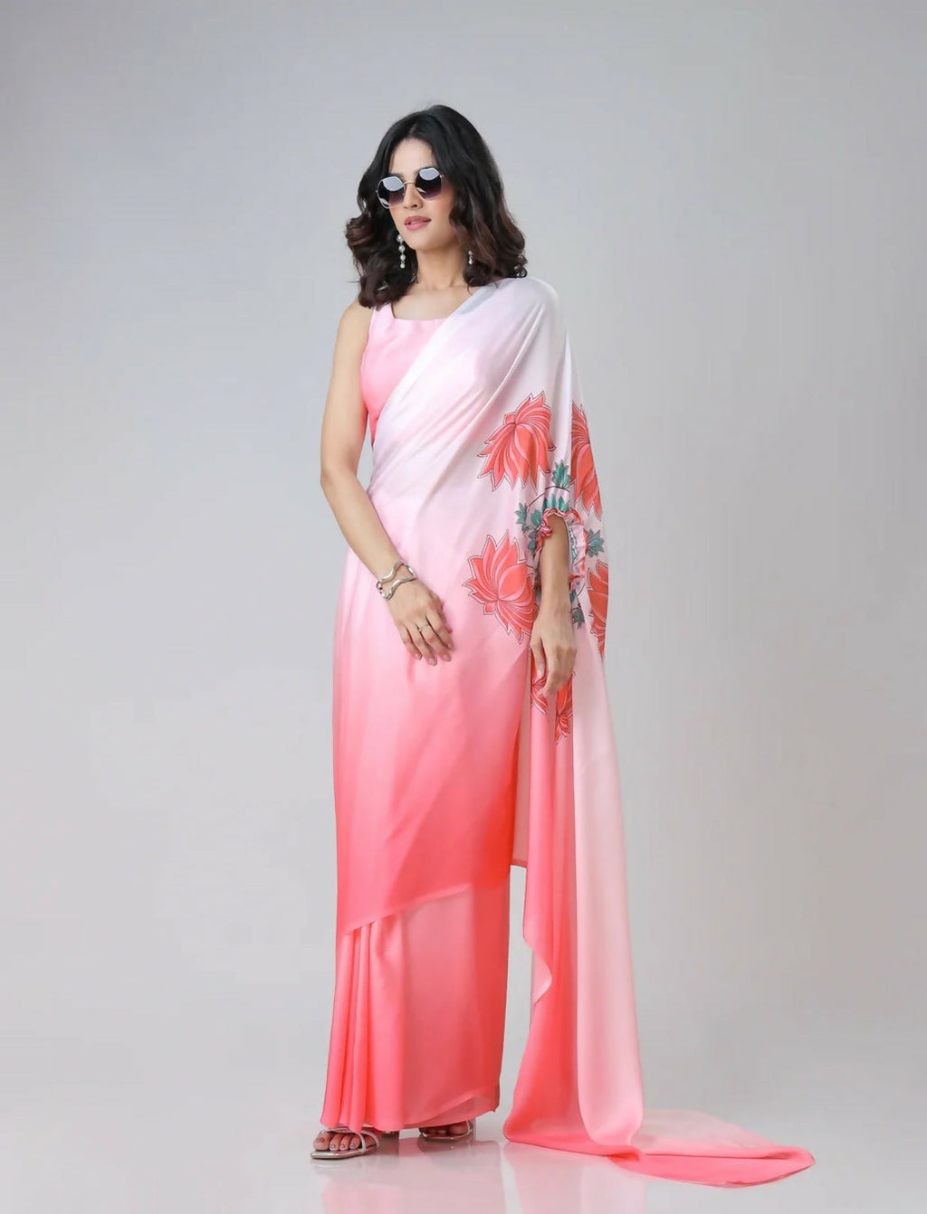 Vastranavya Blush Pink Freehand Floral Print Ready to Wear Saree
