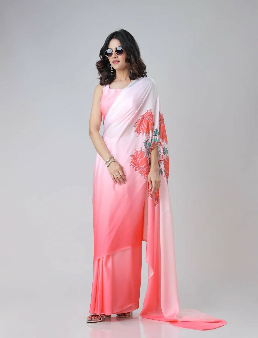 Vastranavya Blush Pink Freehand Floral Print Ready to Wear Saree