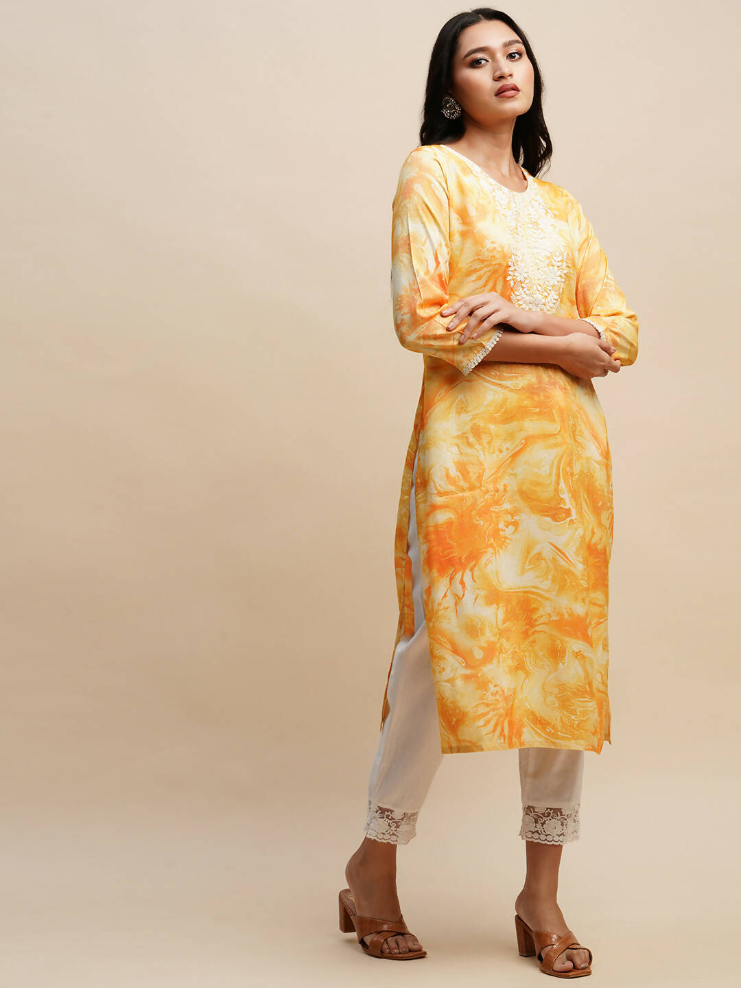Mustard Poly Rayon Tie dye Printed Straight Kurta - Samira
