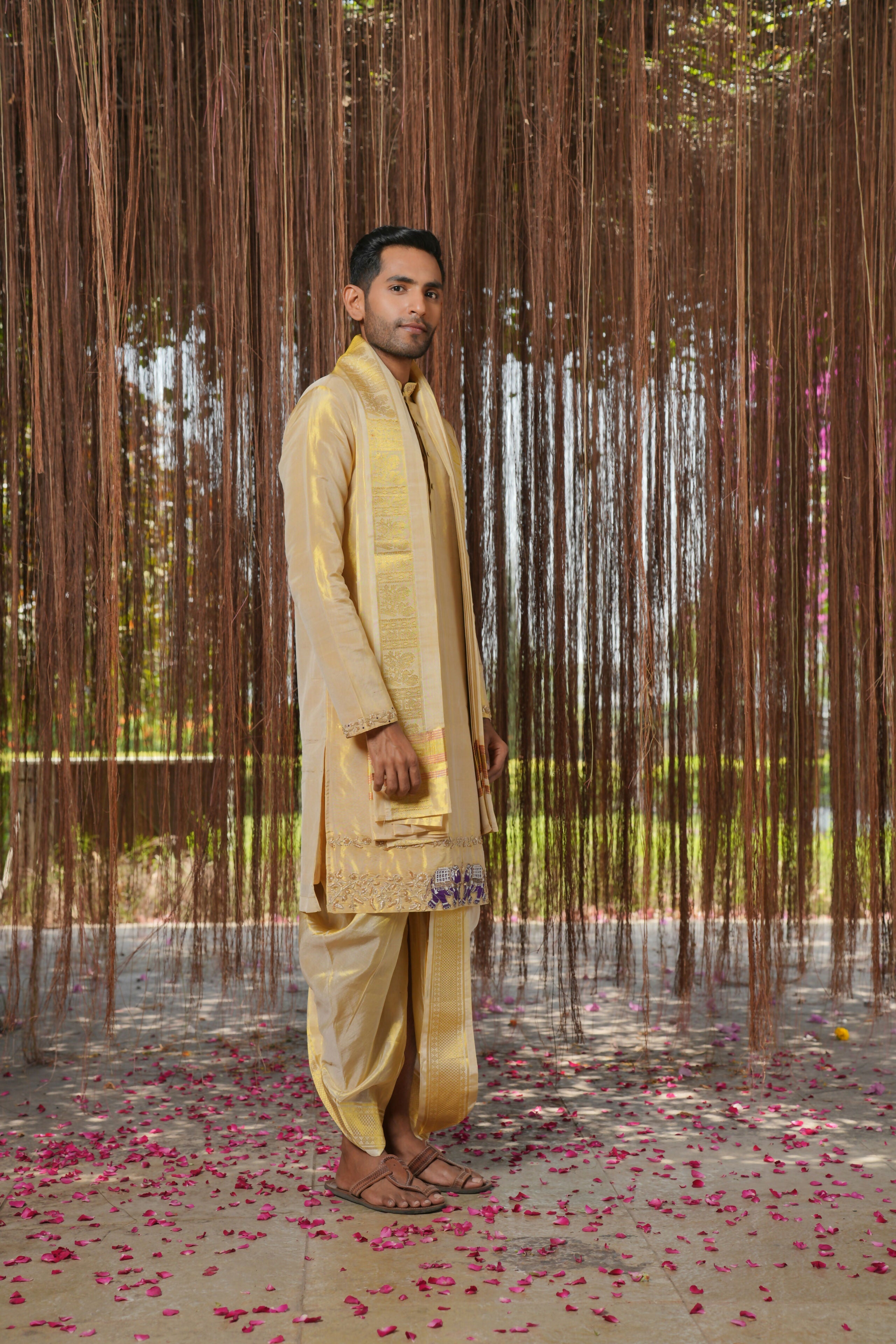 Gold Tissue Kanjivaram Machien Embroidered Pattu Set by Hilo Design