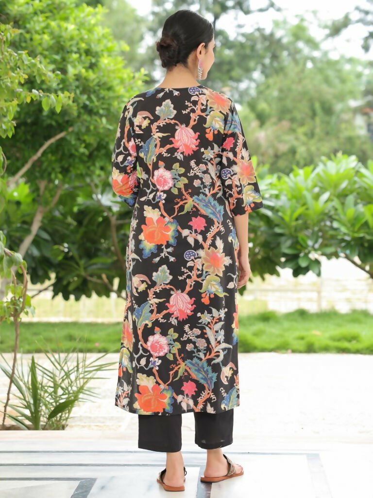 Aramya Straight Soft Cotton Floral Print Women's Kurta - Black