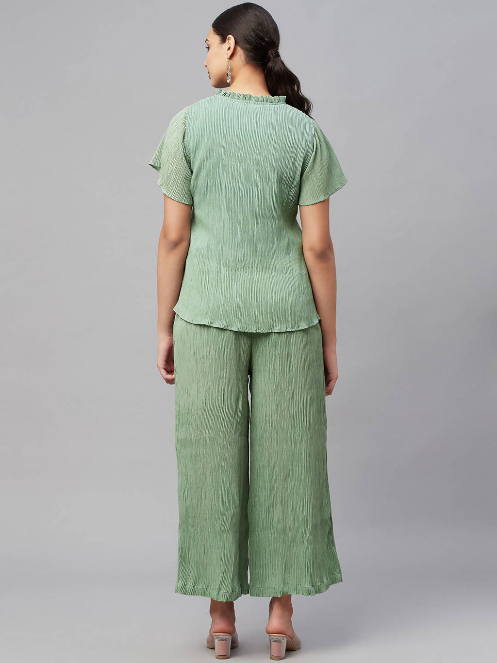 Myshka Women Green Chiffon Round Neck Top Palazzo Set