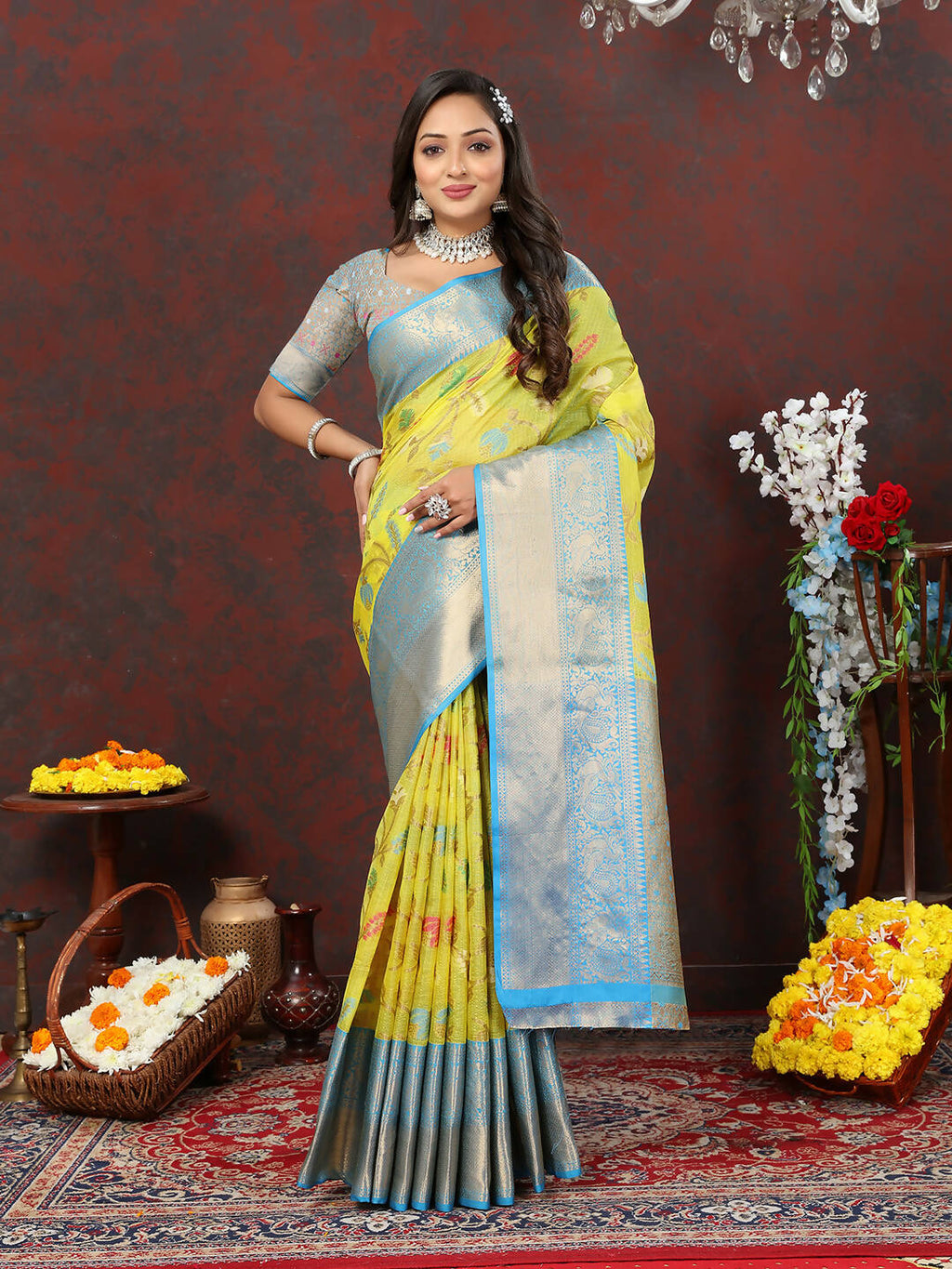 Lorenvalley Fashion Yellow Cotton Woven Design Zari Meenakari Weaving Saree
