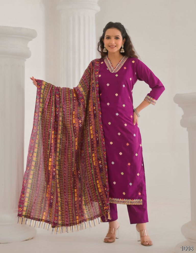 Festive Ethnic Viscose Chanderi Rani Pink Stitched Suit With Dupatta - Rashmika