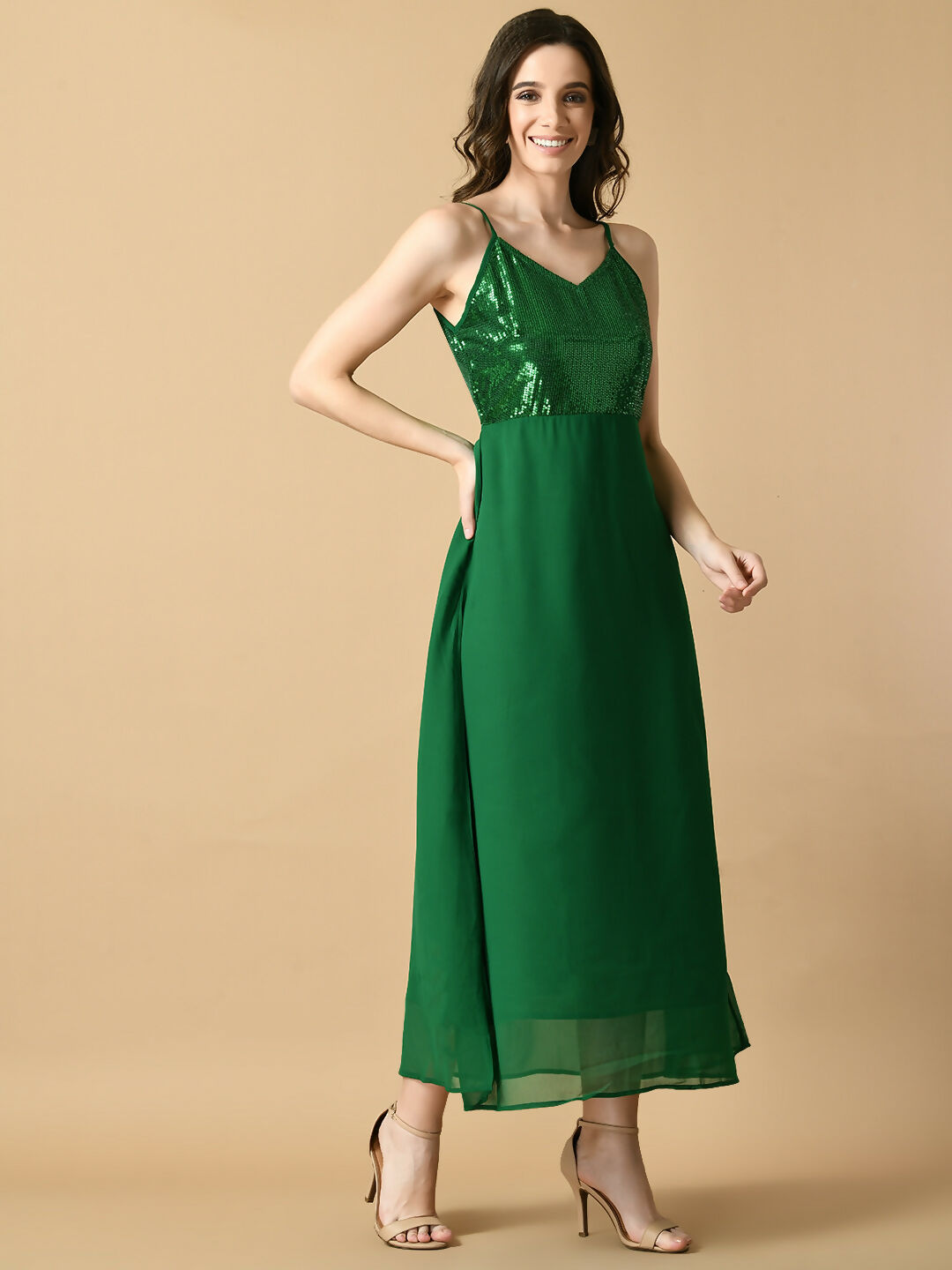 Myshka Women's Green Solid Georgette Party Dress