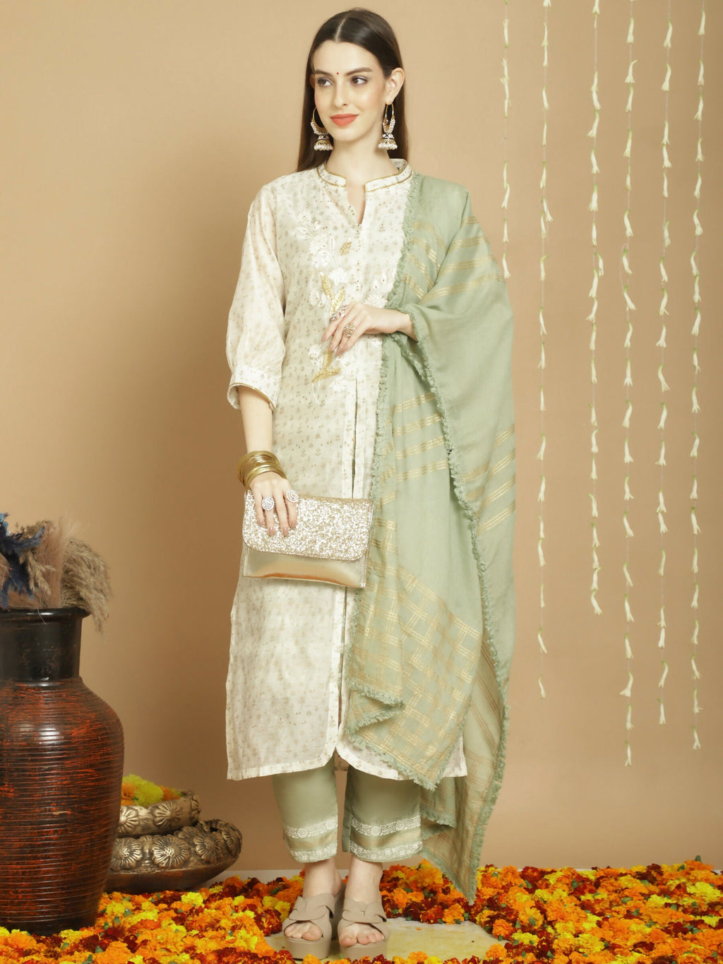 Jyoti Fashion Women's Off White Chanderi Silk Elegant Jardoshi Kurta with Trouser & Dupatta