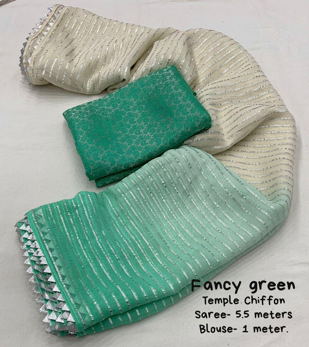 Green Poly Chiffon Striped Saree with Unstitched Blouse - A2M