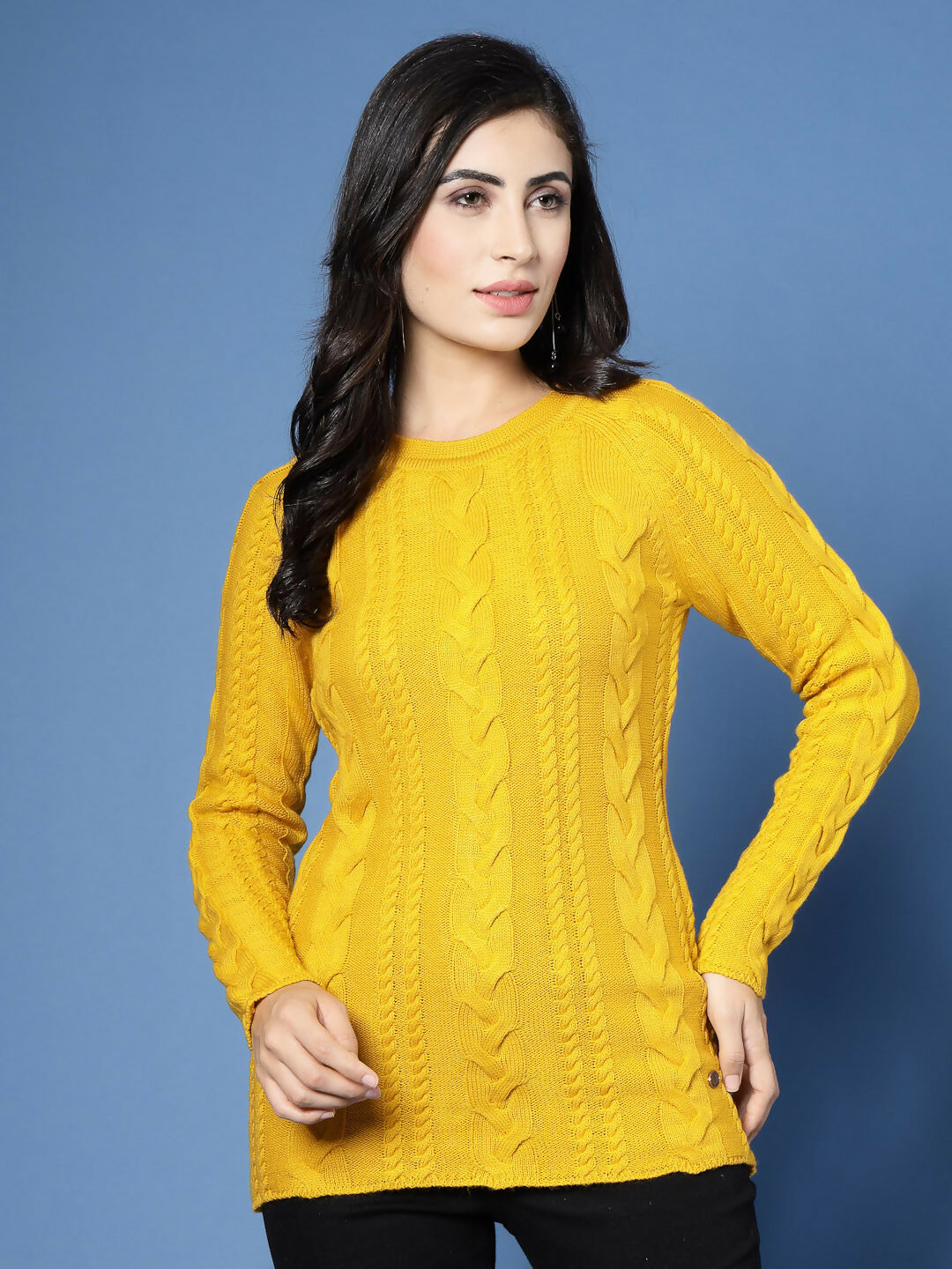 Women Mustard Acrylic Self Design Winter Dress - Wool Trees