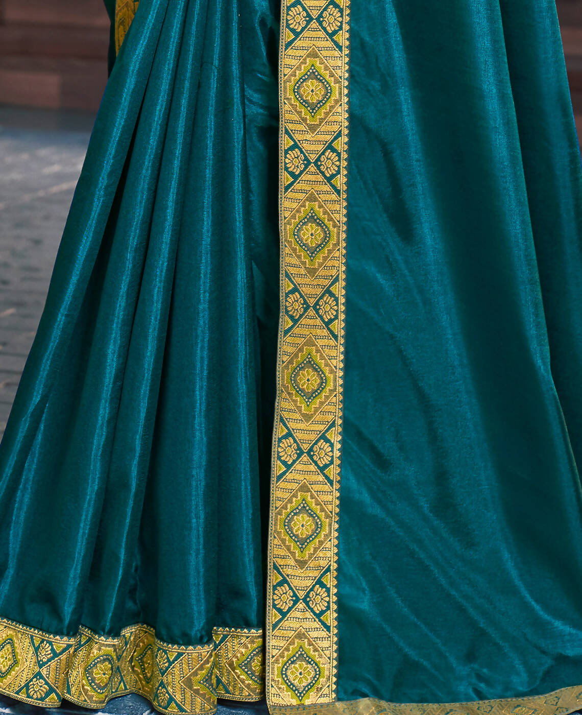 Teal Solid Vichitra Saree With Unstitched Blouse Piece - Selena