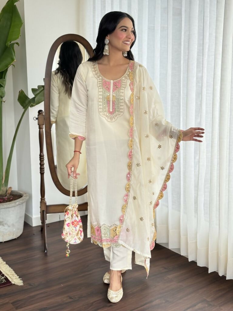 Cream Viscose chanderi Stitched Suit With Dupatta - Tanisha