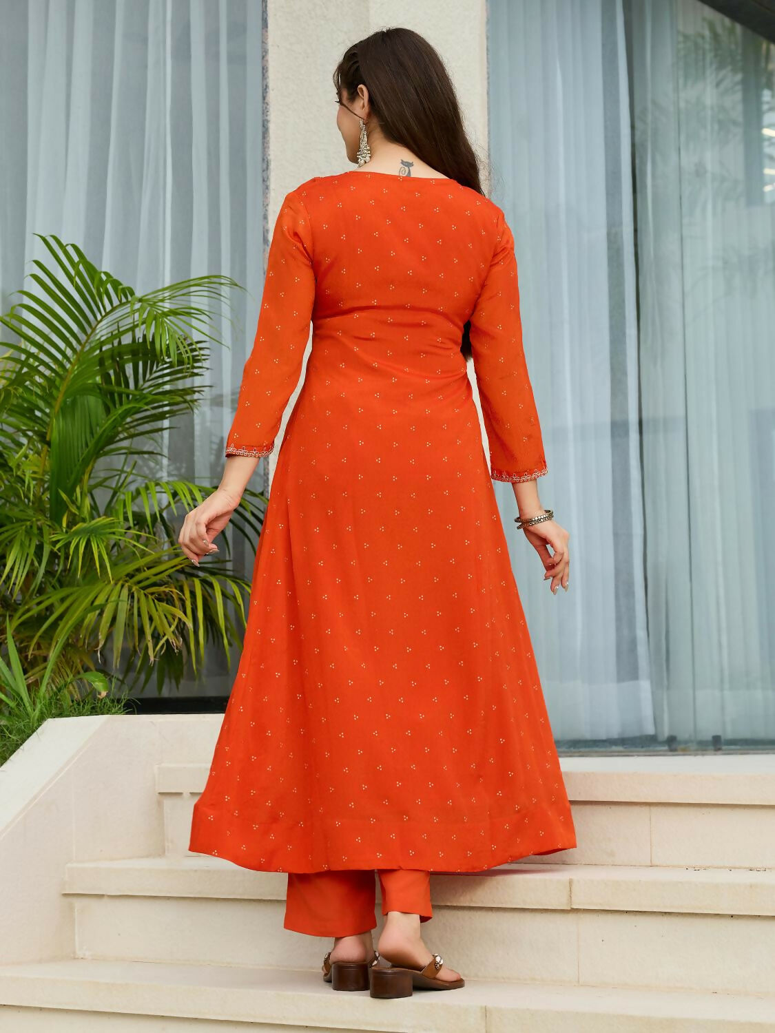 The52 Orange Women's Gorgeous Embroidered Chinon Fabric Flared Kurta Pant and Dupatta Set
