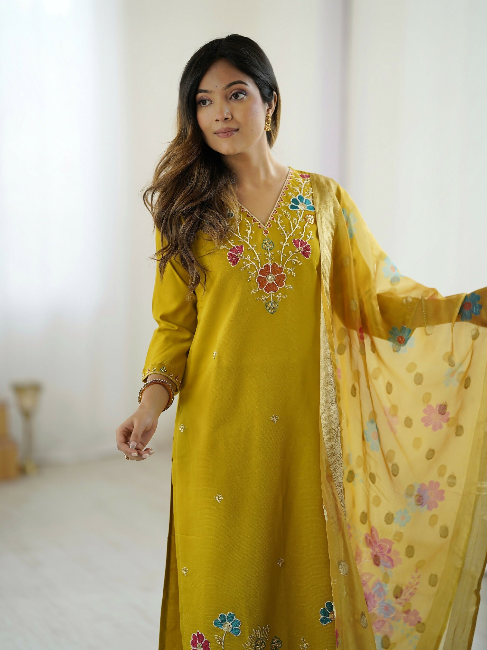 The52 Yellow Women's Gorgeous Embroidered work Viscose Gadhwal Fabric Straight Kurta, Pant and Dupatta Set
