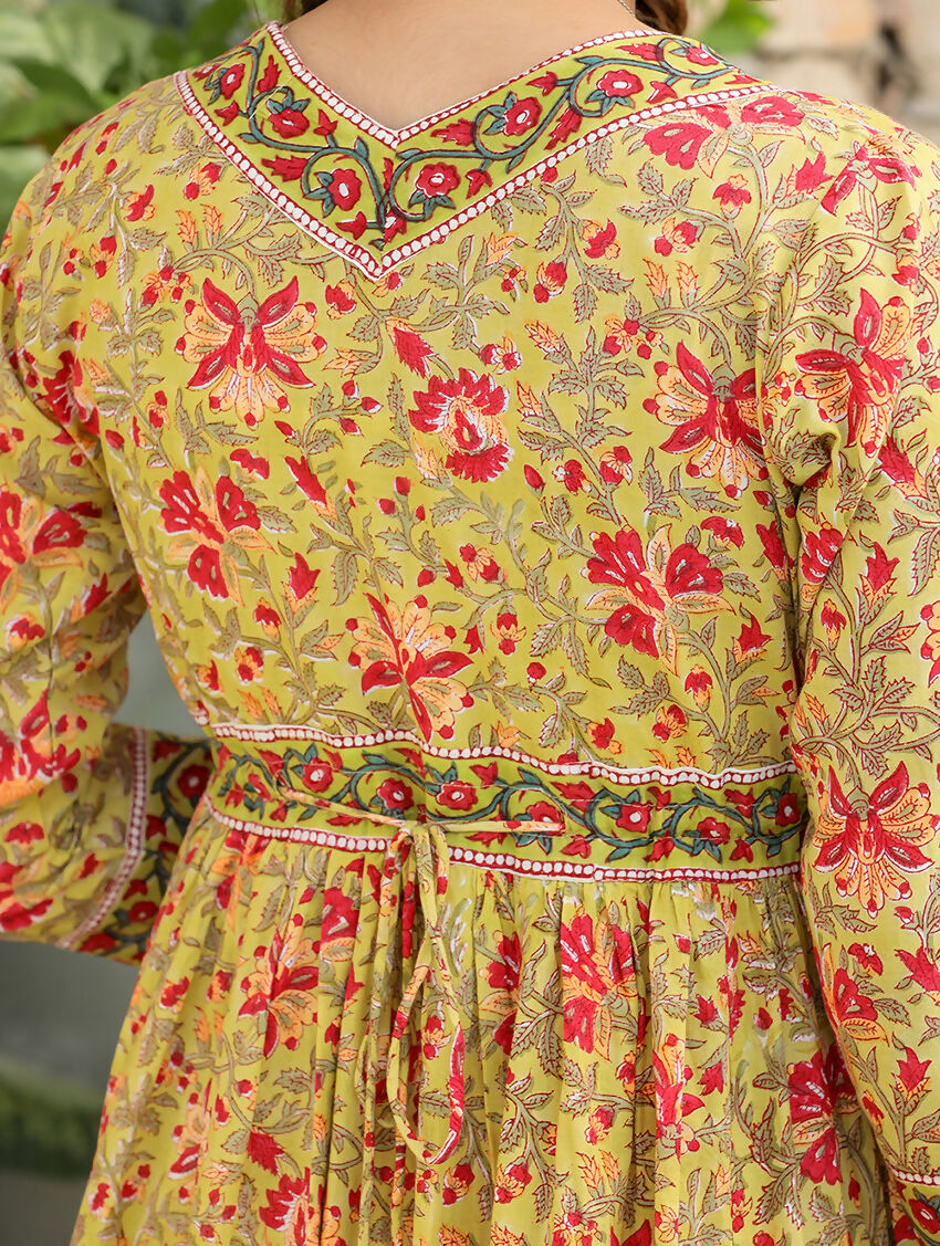 Kaajh Women's Mustard Printed Cotton Handblock Dress