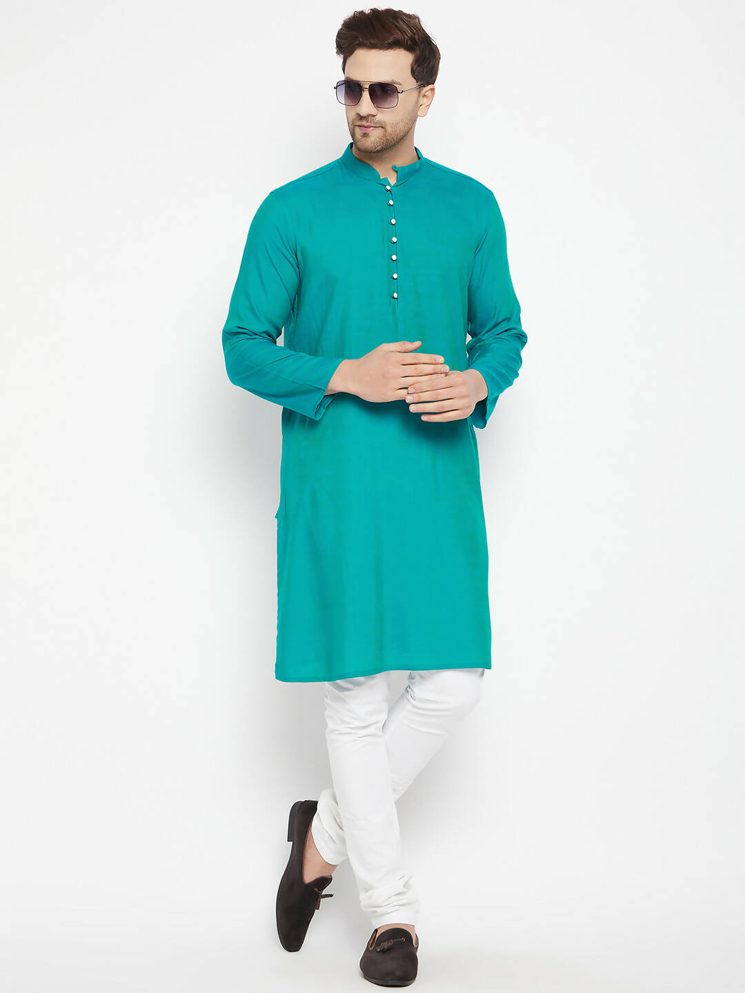 Even Apparels Blue Pure Cotton Long Men's Kurta With Band Collar