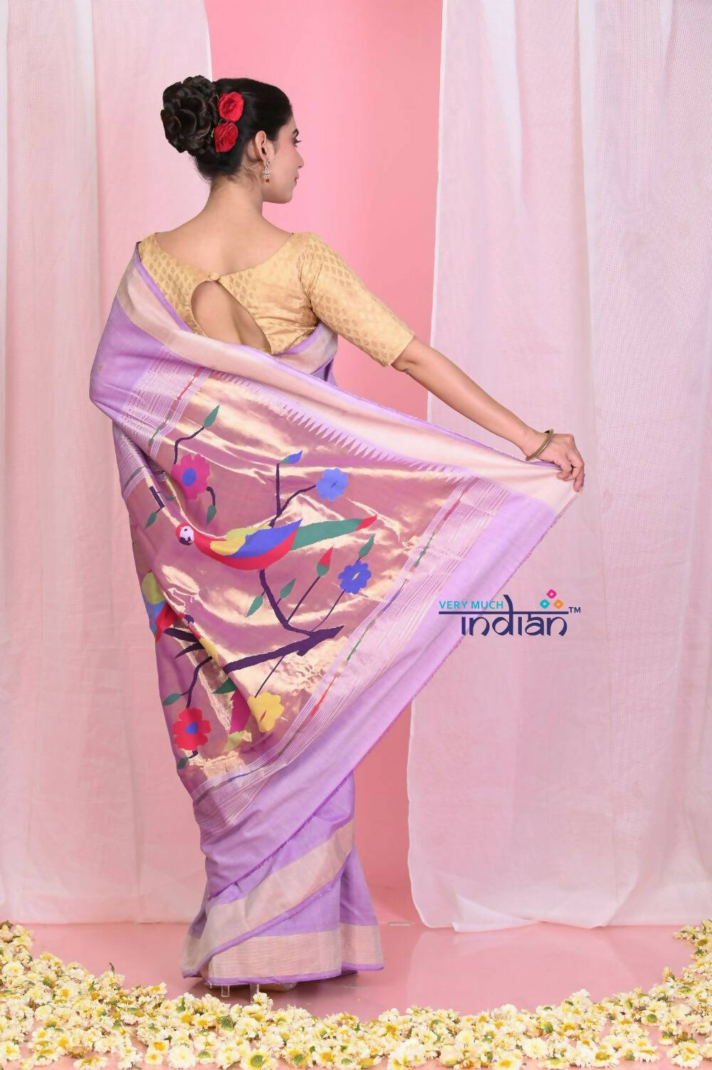 Very Much Indian Handloom Pure Cotton Paithani With Handwoven Pallu -Lilac