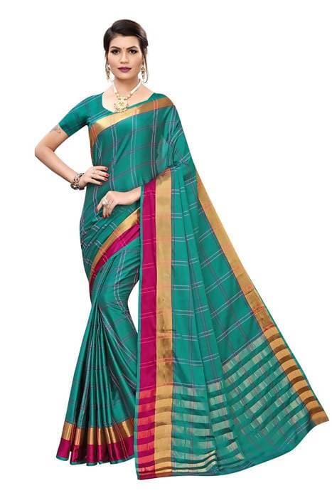 Vamika Rama Cotton Silk Weaving Saree (Rimi Checks Rama)