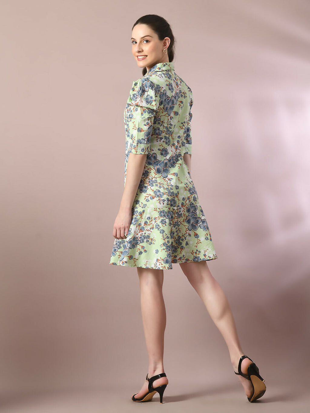 Myshka Women's Green Printed Shirt Collar Fit and Flare Party Dress