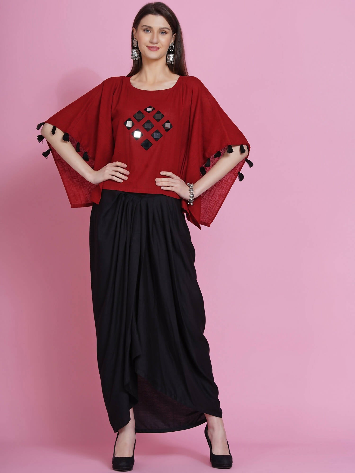 Women Republic Maroon Cotton Kaftan With Dhoti